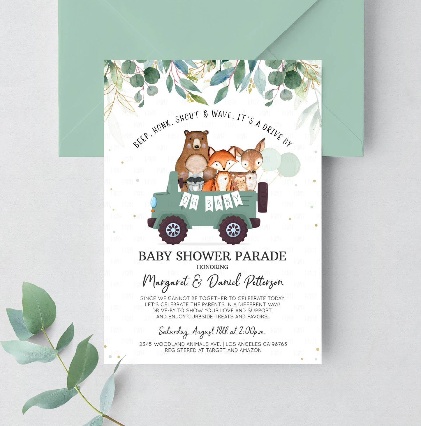 Editable Woodland Drive By Baby Shower Invitation